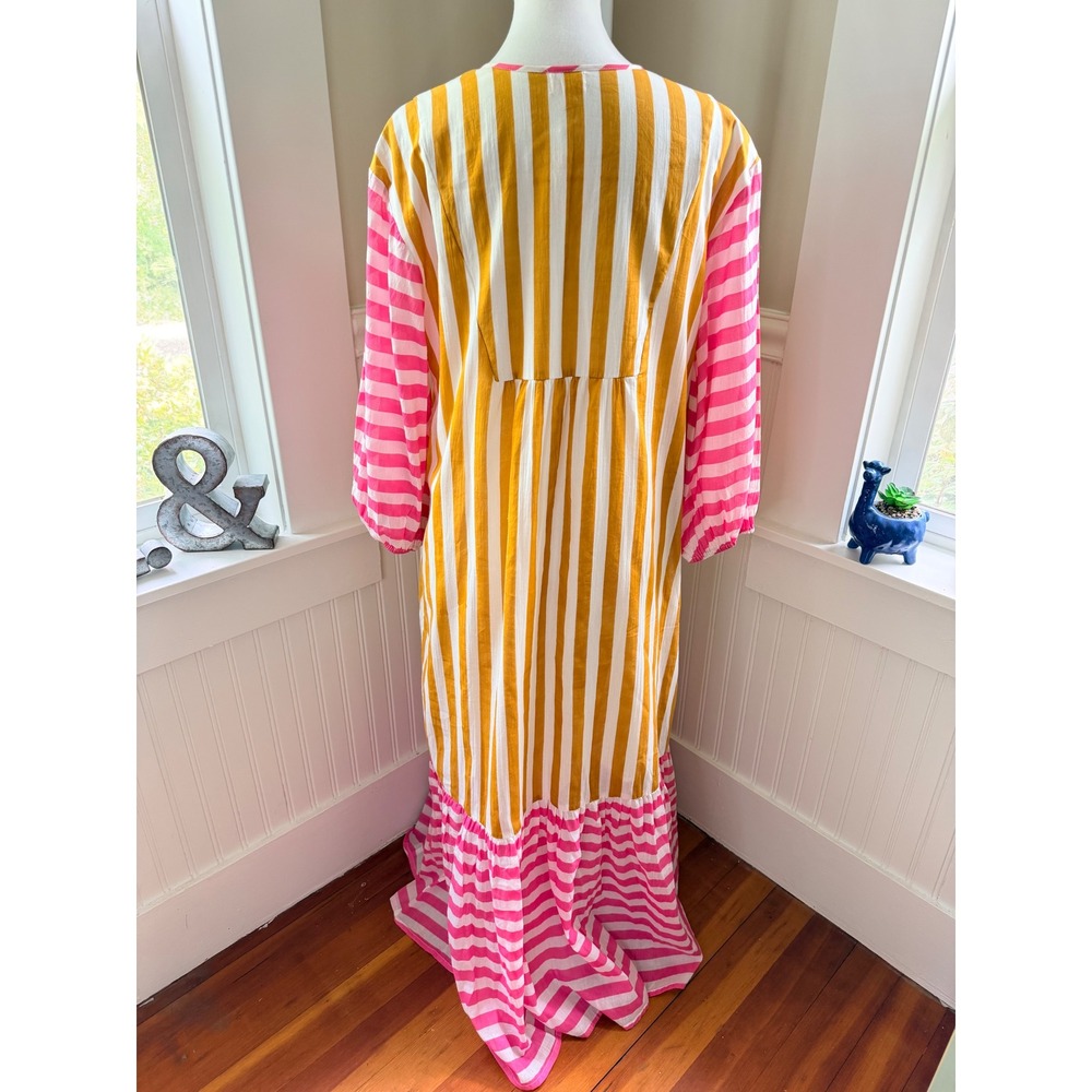 NWT Sunshine Tienda Copa Dress Mustard Pink Striped Cotton Maxi M/L - Picture 3 of 14